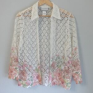 Vintage Lace Crochet Floral Open Cardigan White Pink Boho Cottage Grandmacore PS
